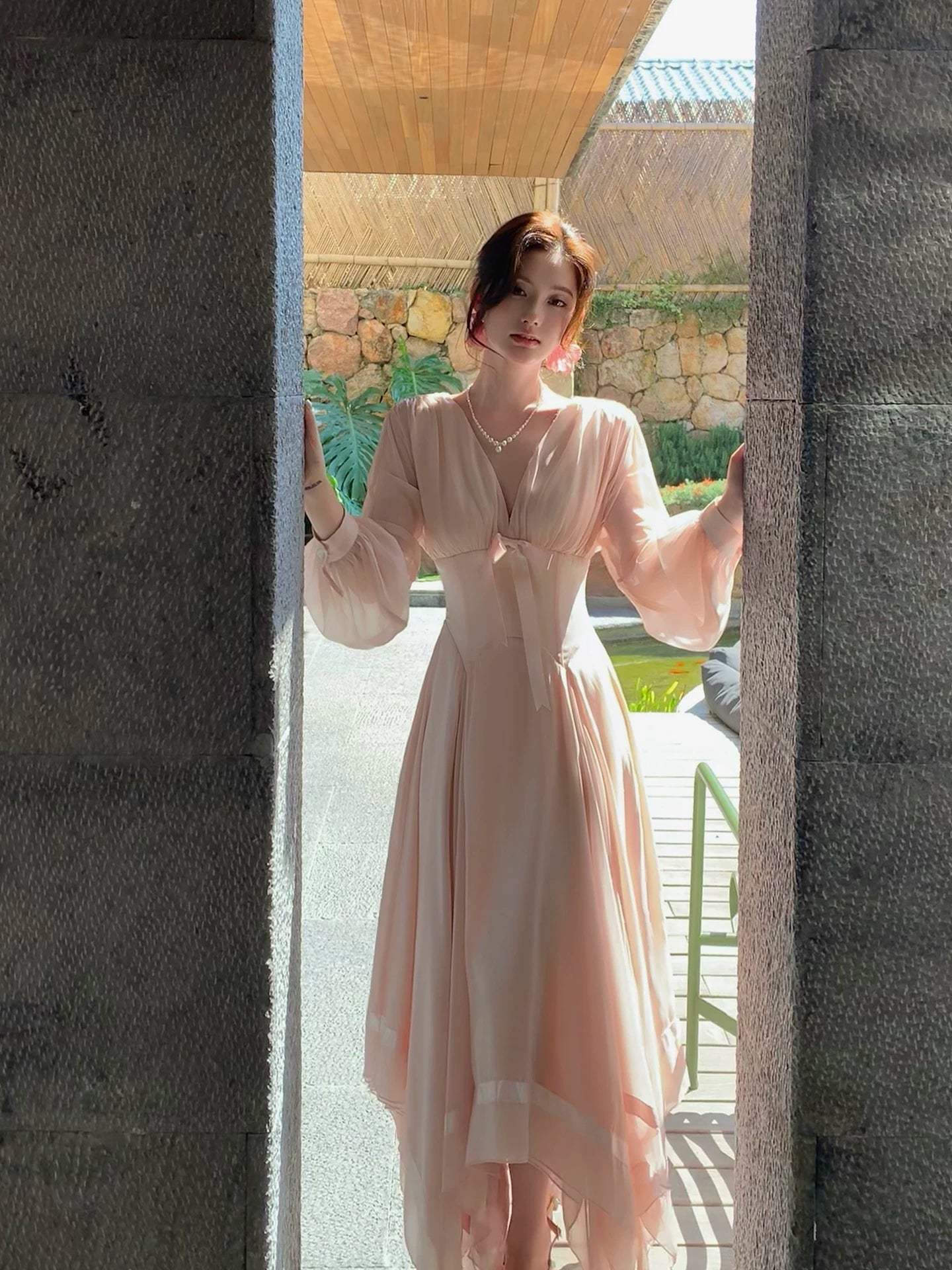Pink Mesh Long-sleeved Dress Fairy Dress for Vacation  L103