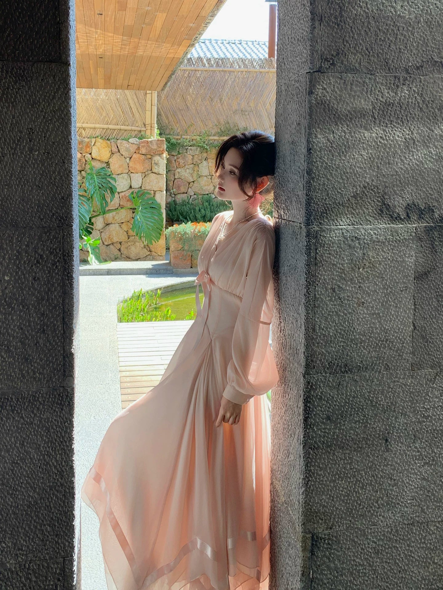 Pink Mesh Long-sleeved Dress Fairy Dress for Vacation  L103