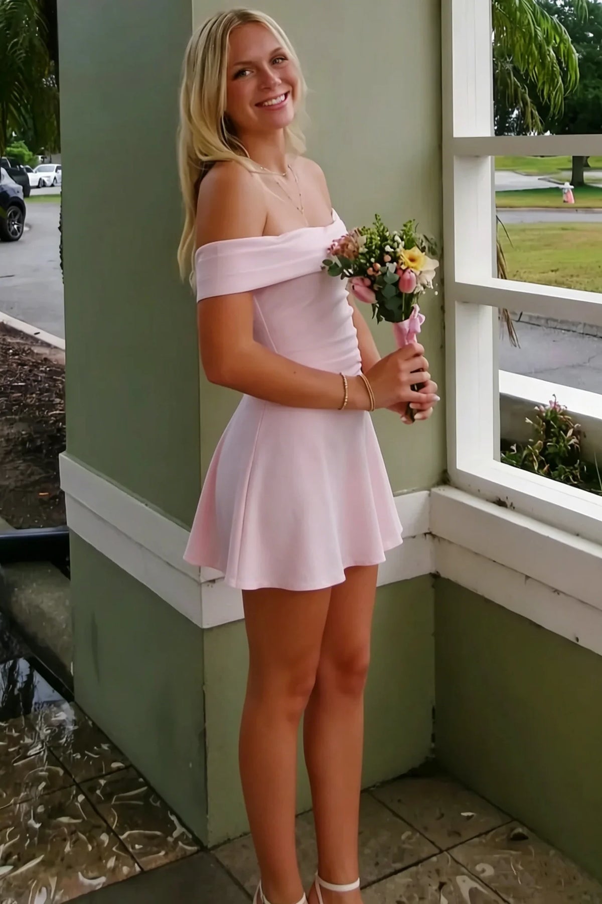Pink Off-Shoulder Satin Pleats Bodycon Homecoming Dress P2378