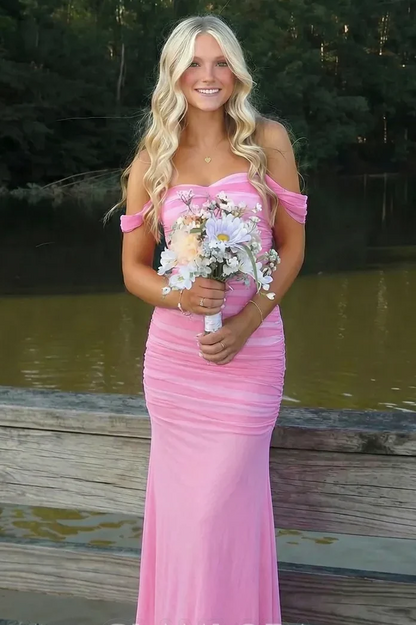 Pink Off-Shoulder Sweetheart Pleated Fitted Long Prom Dress  P2528