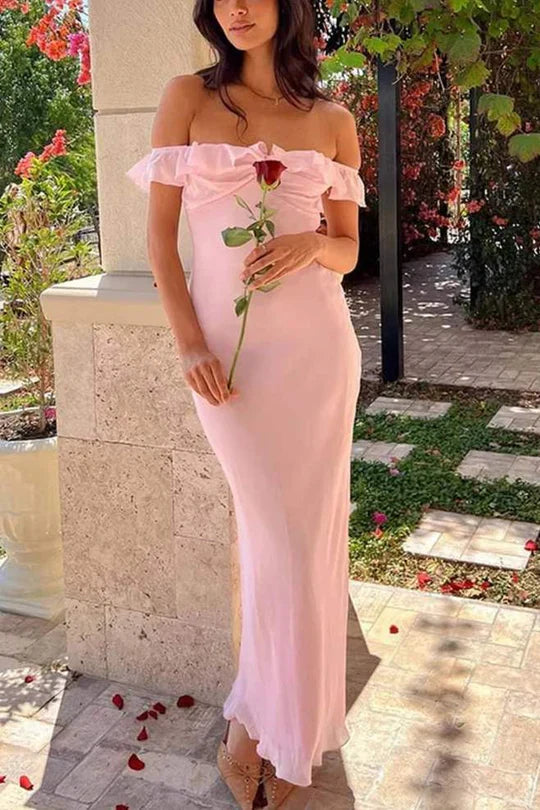 Pink Off Shoulder Ruffle Mermaid Prom Dress  P1021