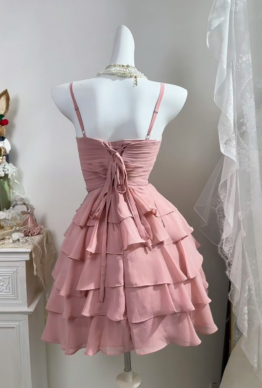 Pink Ruffled Homecoming Dress A Line Layered Chiffon Dress  P1880