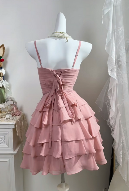 Pink Ruffled Homecoming Dress A Line Layered Chiffon Dress  P1880
