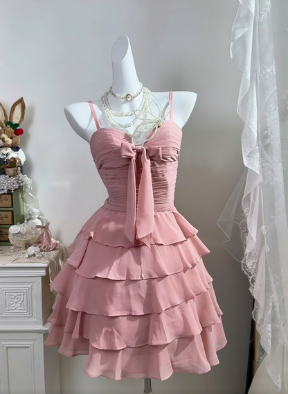 Pink Ruffled Homecoming Dress A Line Layered Chiffon Dress  P1880