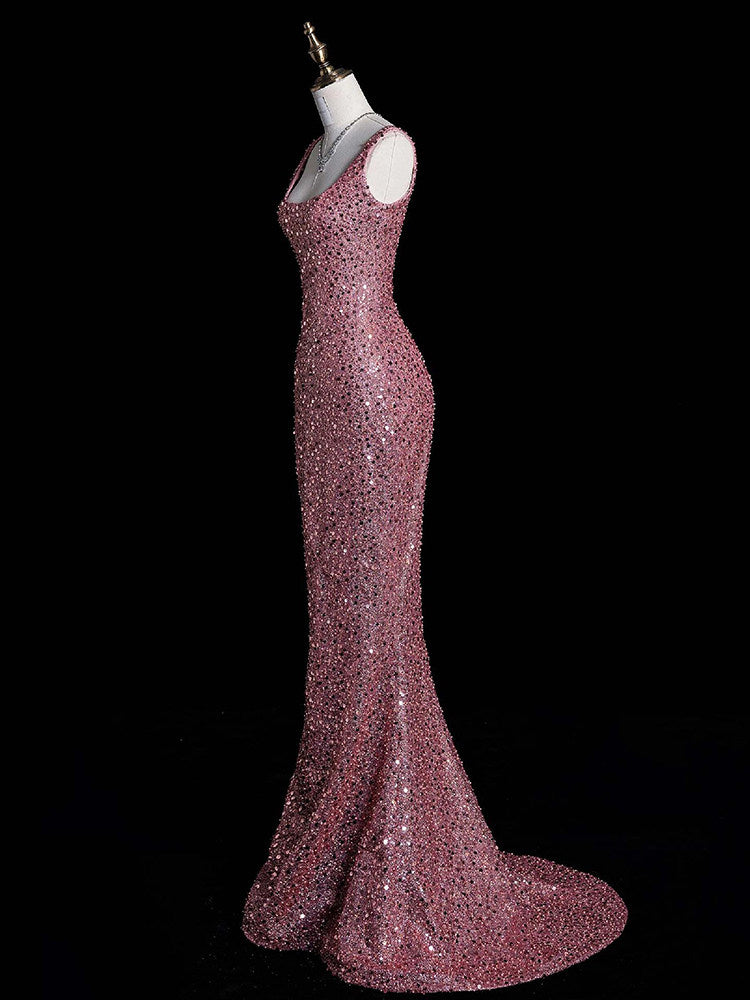 Pink Sequins Mermaid Long Prom Dress Sparkle Formal Evening Gown   P799