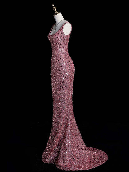 Pink Sequins Mermaid Long Prom Dress Sparkle Formal Evening Gown   P799