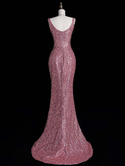 Pink Sequins Mermaid Long Prom Dress Sparkle Formal Evening Gown   P799