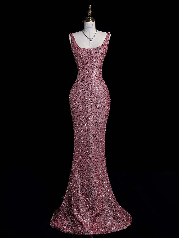 Pink Sequins Mermaid Long Prom Dress Sparkle Formal Evening Gown   P799