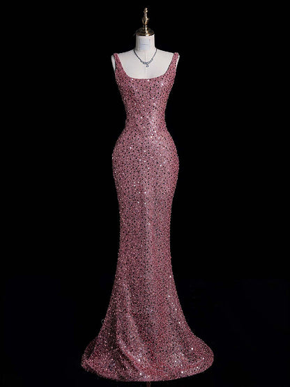 Pink Sequins Mermaid Long Prom Dress Sparkle Formal Evening Gown   P799