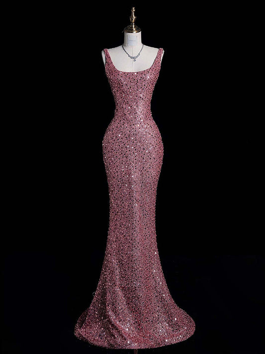 Pink Sequins Mermaid Long Prom Dress Sparkle Formal Evening Gown   P799