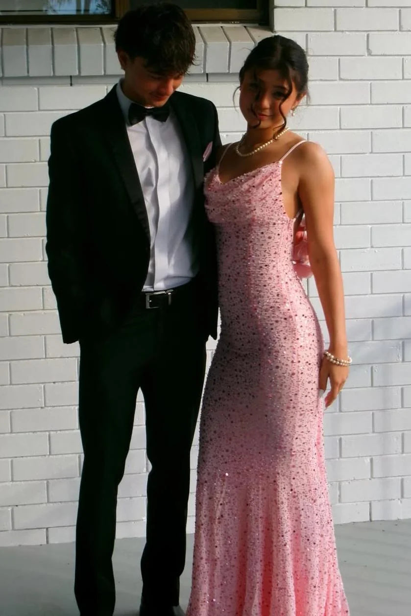 Pink Sparkly Sequined Backless Mermaid Long Prom Dress   P2442