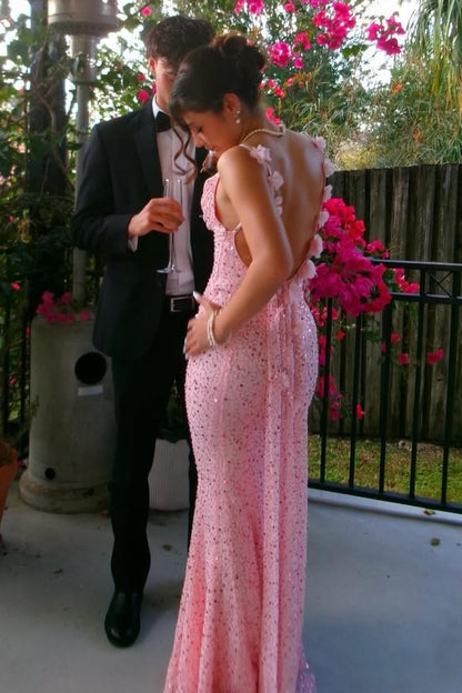 Pink Sparkly Sequined Backless Mermaid Long Prom Dress   P2442
