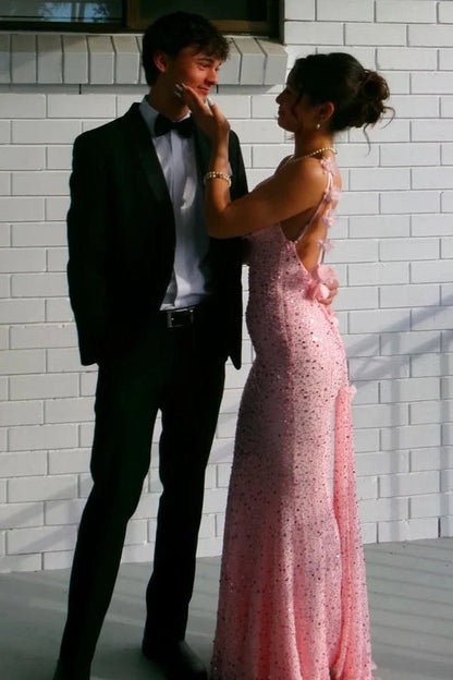 Pink Sparkly Sequined Backless Mermaid Long Prom Dress   P2442