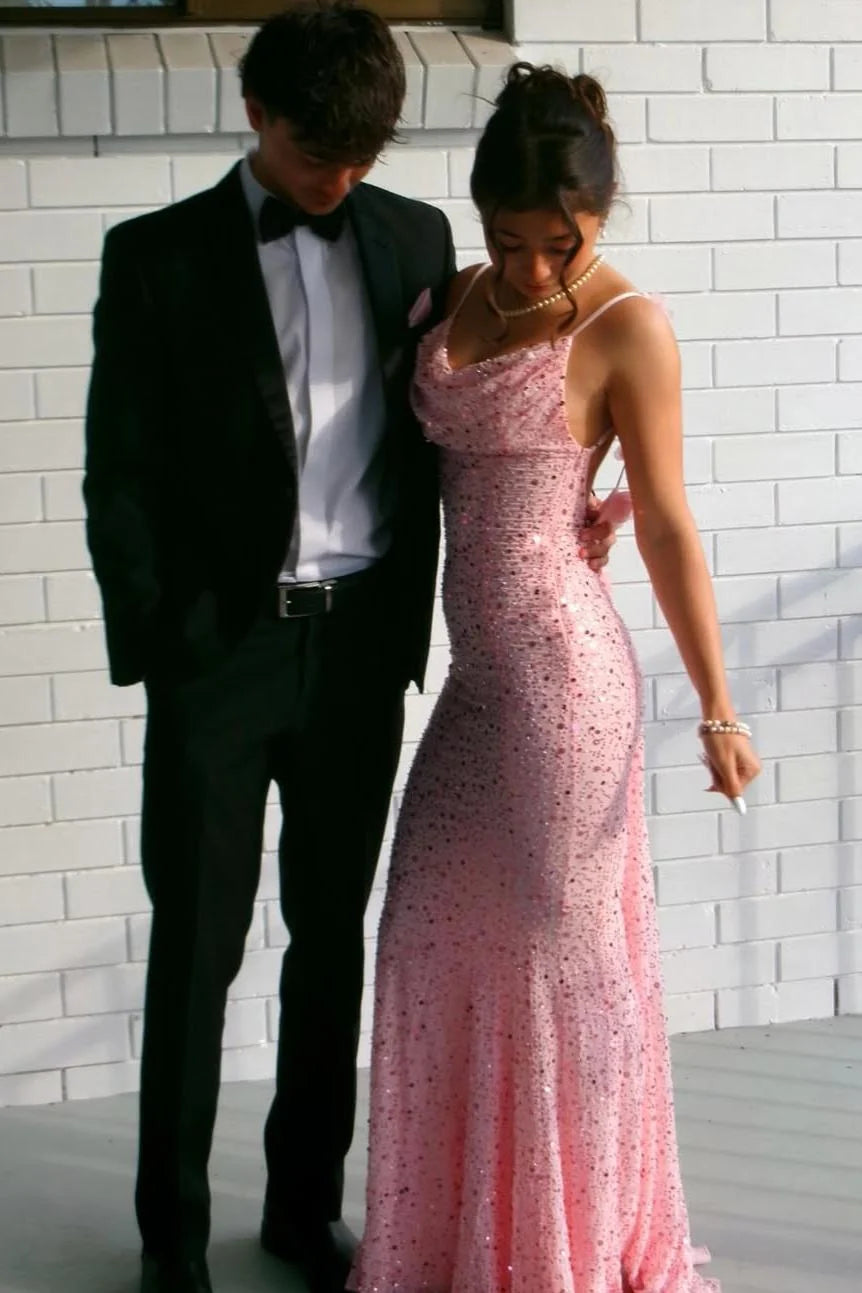 Pink Sparkly Sequined Backless Mermaid Long Prom Dress   P2442