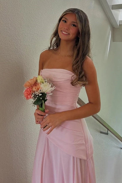Pink Strapless A-Line Pleated Long Prom Dress  P2454