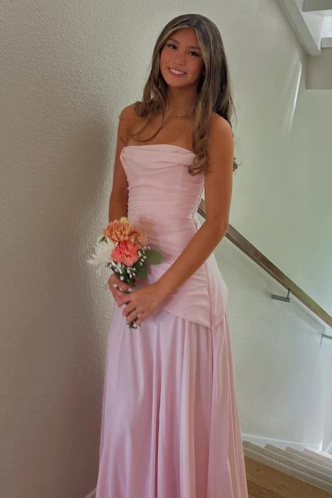 Pink Strapless A-Line Pleated Long Prom Dress  P2454