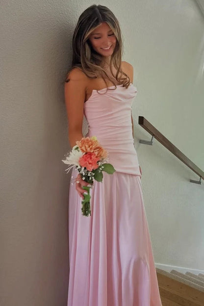 Pink Strapless A-Line Pleated Long Prom Dress  P2454