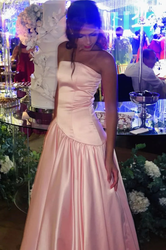 Pink Strapless A-Line Satin Long Prom Dress Wedding Guest Dress  P2560