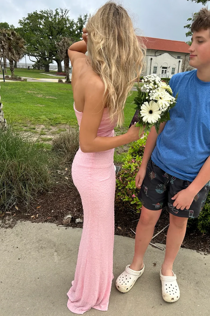Pink Strapless Glitter Sheath Long Prom Dress  P869