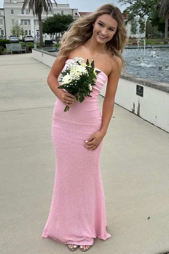 Pink Strapless Glitter Sheath Long Prom Dress  P869