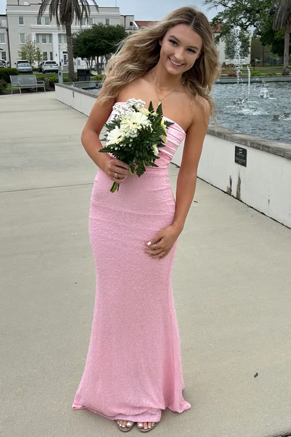Pink Strapless Glitter Sheath Long Prom Dress  P869
