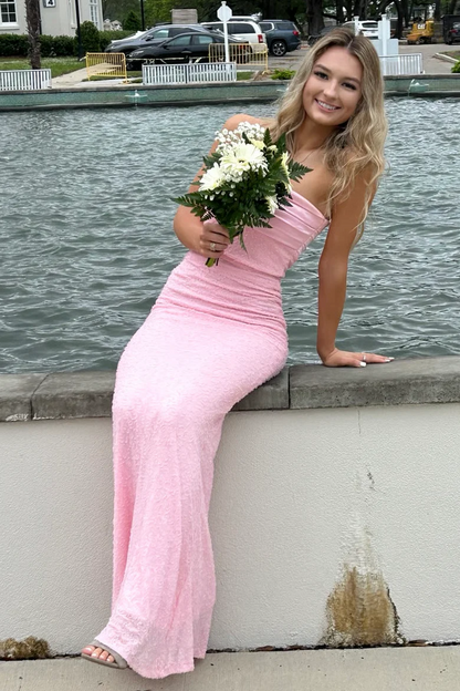 Pink Strapless Glitter Sheath Long Prom Dress  P869