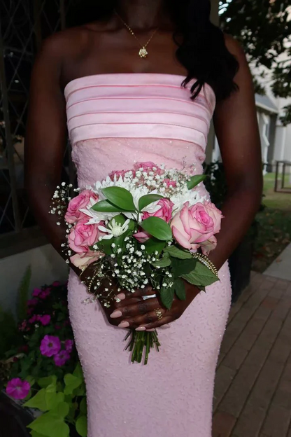 Pink Strapless Glitter Sheath Long Prom Dress  P869
