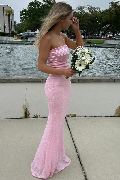 Pink Strapless Glitter Sheath Long Prom Dress  P869