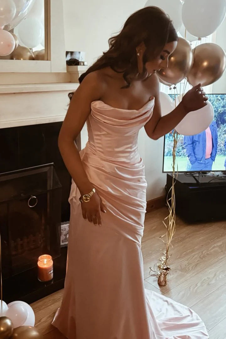 Pink Strapless Pleats Satin Ruched Long Formal Prom Dress  P1000