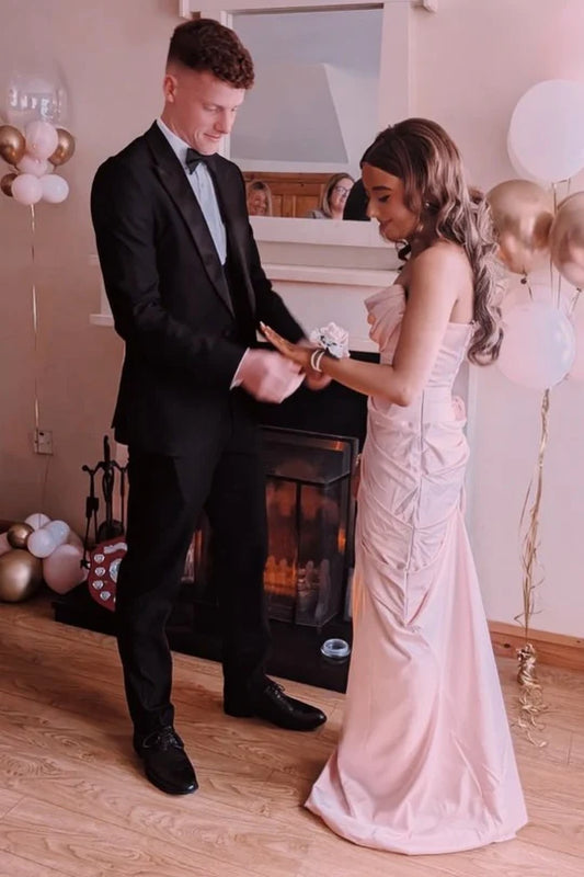 Pink Strapless Pleats Satin Ruched Long Formal Prom Dress  P1000