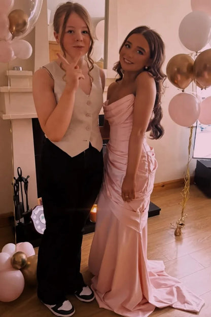 Pink Strapless Pleats Satin Ruched Long Formal Prom Dress  P1000