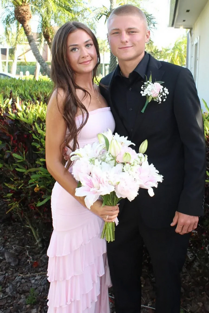 Pink Strapless Ruffled Long Formal Prom Dress With Slit  P849