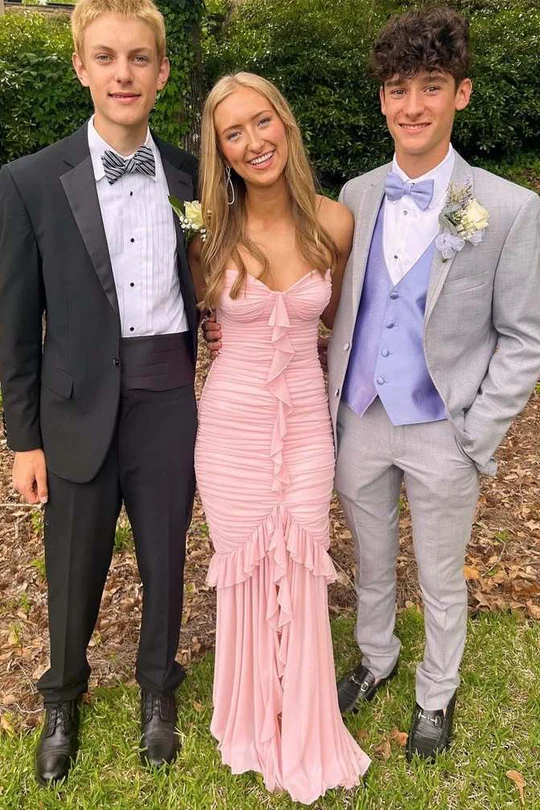 Pink Strapless Ruffles Pleats Long Prom Dress With Slit P839