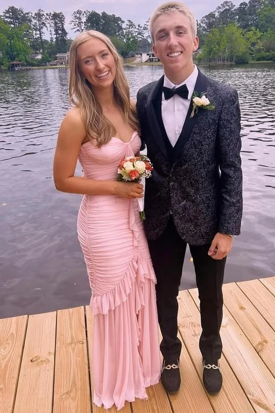 Pink Strapless Ruffles Pleats Long Prom Dress With Slit P839