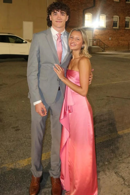 Pink Strapless Satin Formal Prom Dress With Slit  P1149