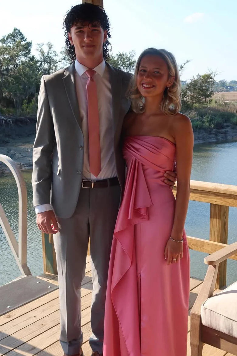 Pink Strapless Satin Formal Prom Dress With Slit  P1149