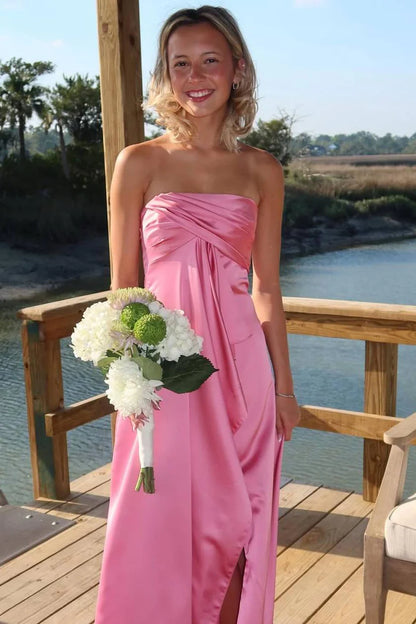 Pink Strapless Satin Formal Prom Dress With Slit  P1149