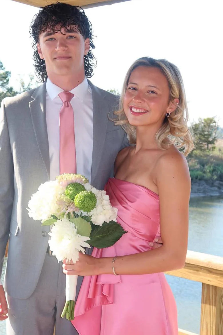 Pink Strapless Satin Formal Prom Dress With Slit  P1149