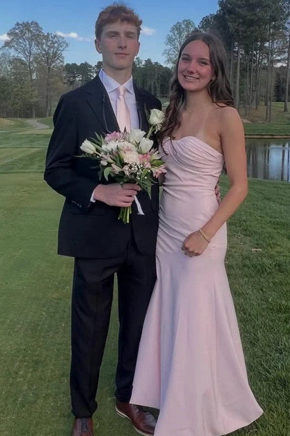 Pink Strapless Satin Mermaid Long Formal Prom Dress  P2504