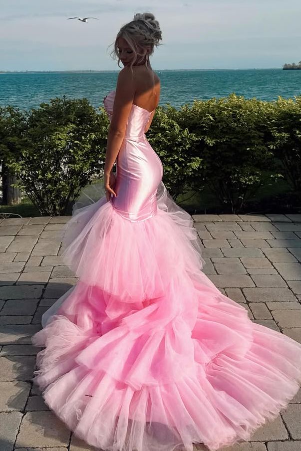 Pink Strapless Sweetheart Ruffles Formal Long Prom Dress  P2452