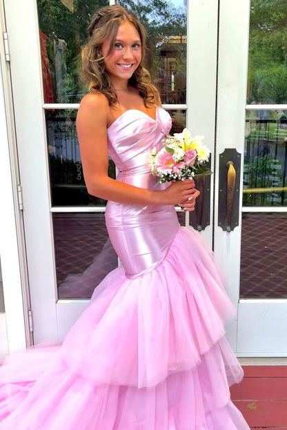 Pink Strapless Sweetheart Ruffles Formal Long Prom Dress  P2452