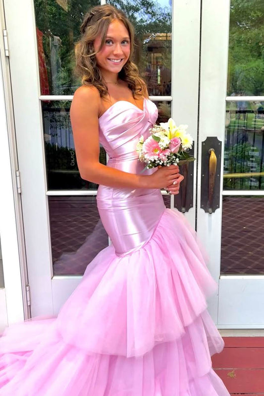 Pink Strapless Sweetheart Ruffles Formal Long Prom Dress  P2452
