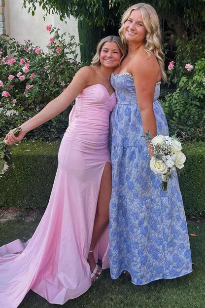 Pink Sweetheart Pleats Satin High Slit Prom Dress With Bow  P2505
