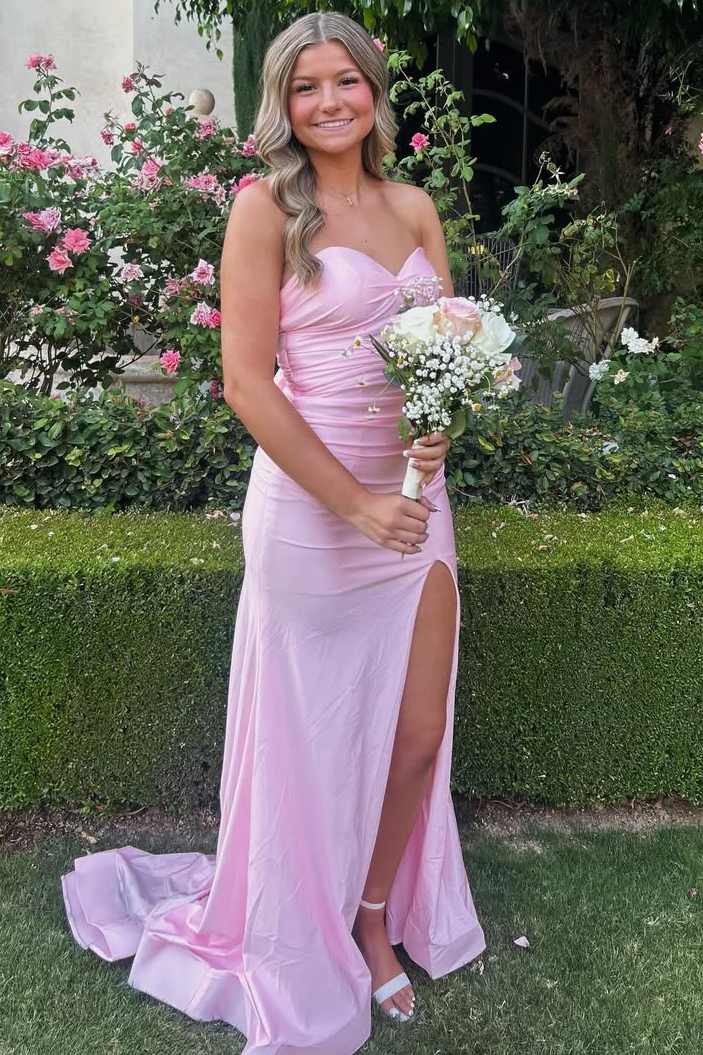 Pink Sweetheart Pleats Satin High Slit Prom Dress With Bow  P2505