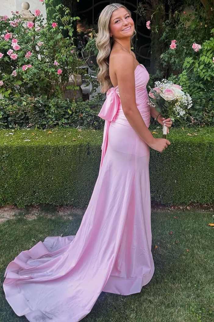 Pink Sweetheart Pleats Satin High Slit Prom Dress With Bow  P2505
