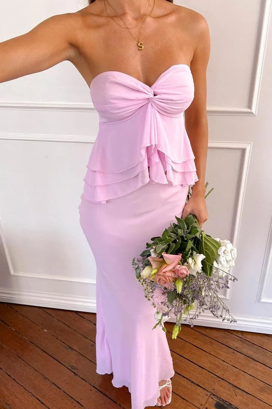 Pink Sweetheart Ruffles Chiffon Long Prom Dress  P2525