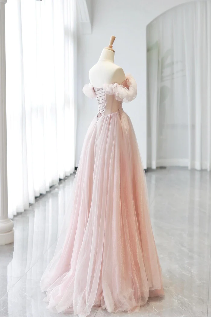 Pink Tulle Long A-Line Prom Dress With Lovely A-Line Party Dress  P659
