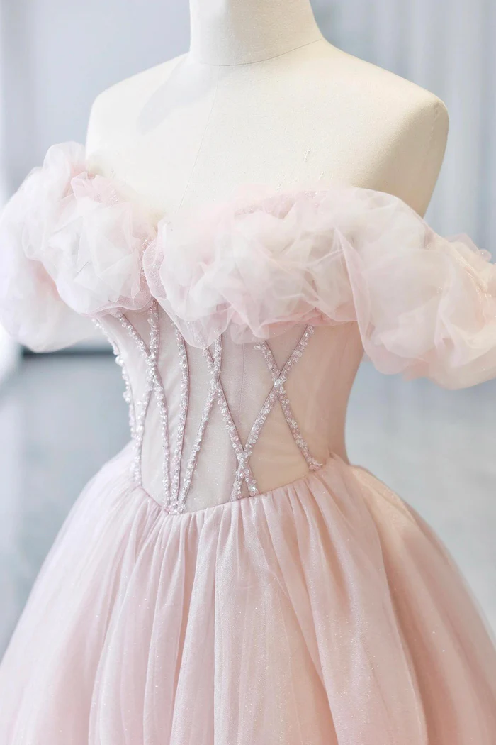 Pink Tulle Long A-Line Prom Dress With Lovely A-Line Party Dress  P659