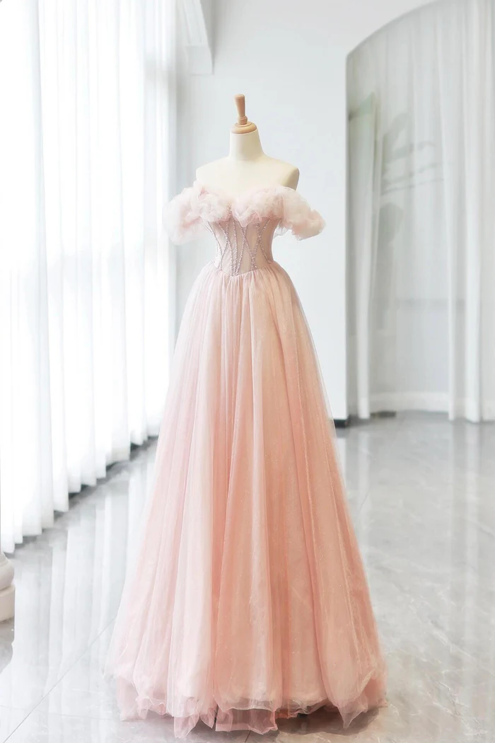 Pink Tulle Long A-Line Prom Dress With Lovely A-Line Party Dress  P659