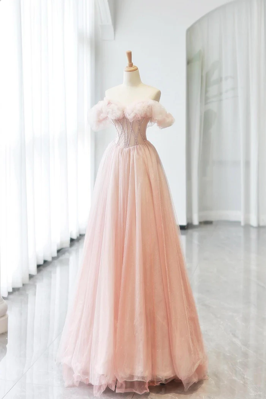 Pink Tulle Long A-Line Prom Dress With Lovely A-Line Party Dress  P659